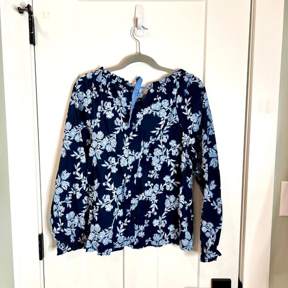 J. Crew Blue Floral Tie Back Ruffle Neck Preppy Old Money Cotton Top Size Medium - Picture 8 of 8